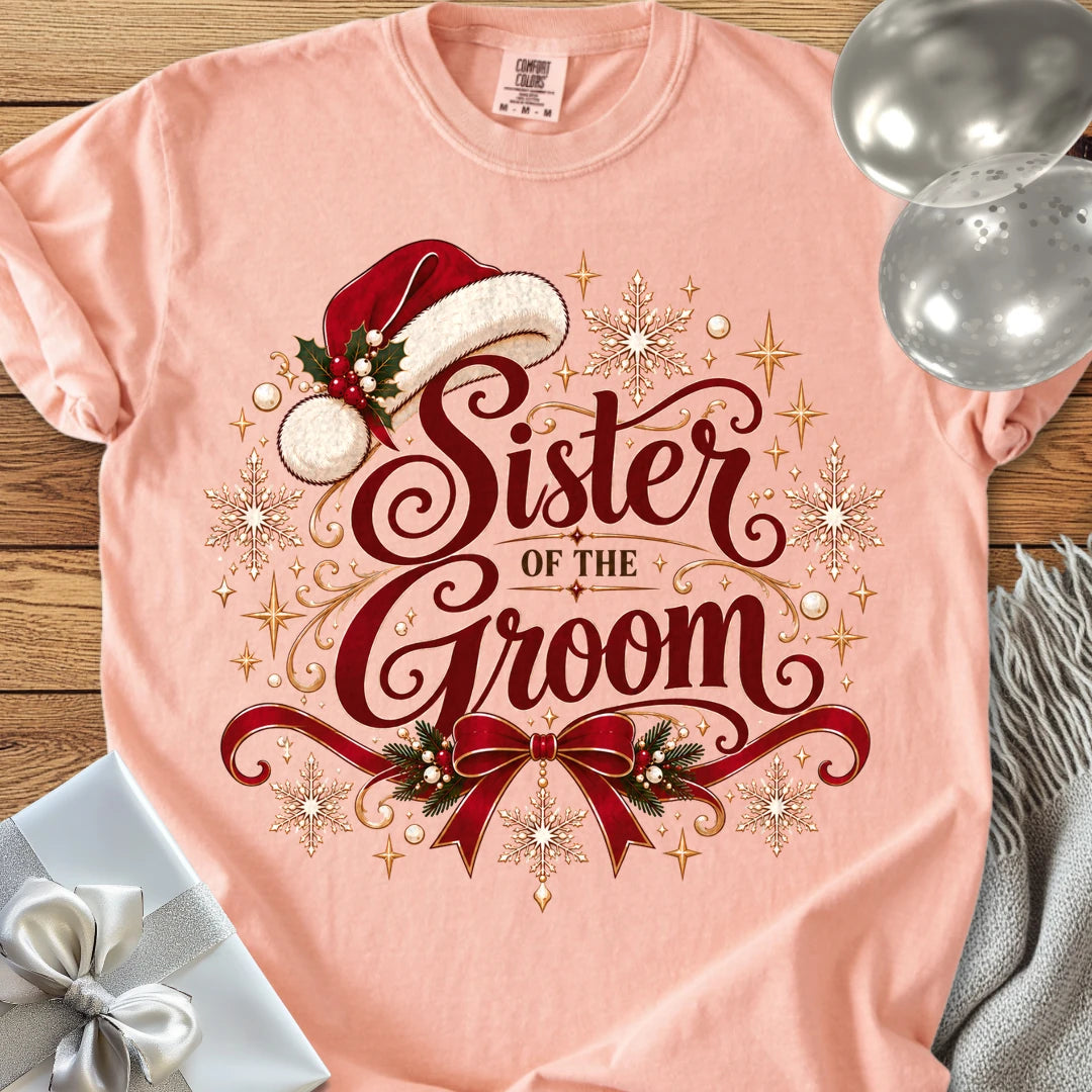 Sister of the Groom - Premium Christmas Wedding T-Shirt - Peachy