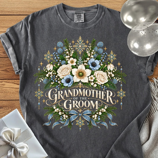 Grandmother of the Groom - Premium Winter Botanical Wedding T-Shirt - Pepper