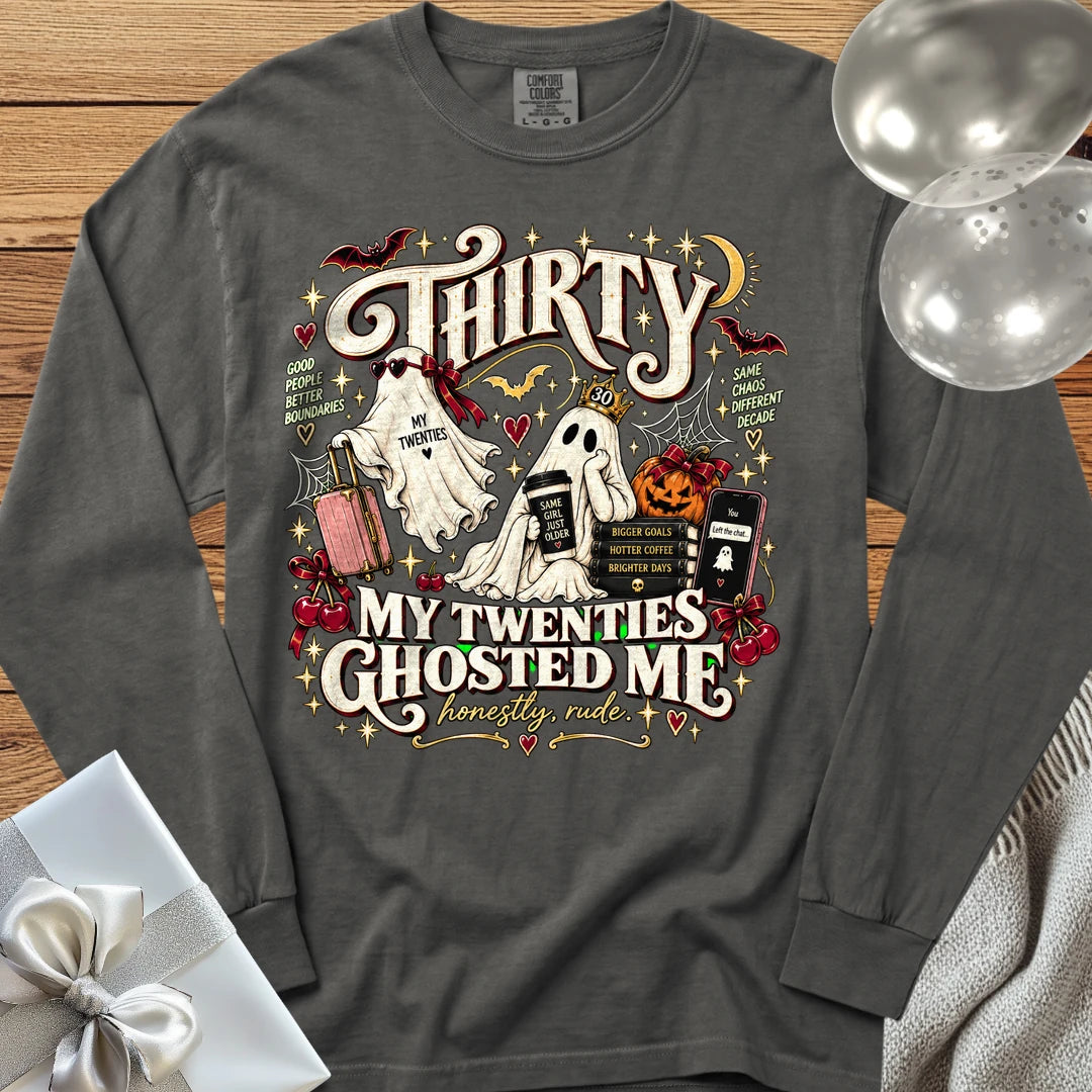 Thirty, My Twenties Ghosted Me - Premium Halloween 30th Birthday Long Sleeve T-Shirt - Pepper