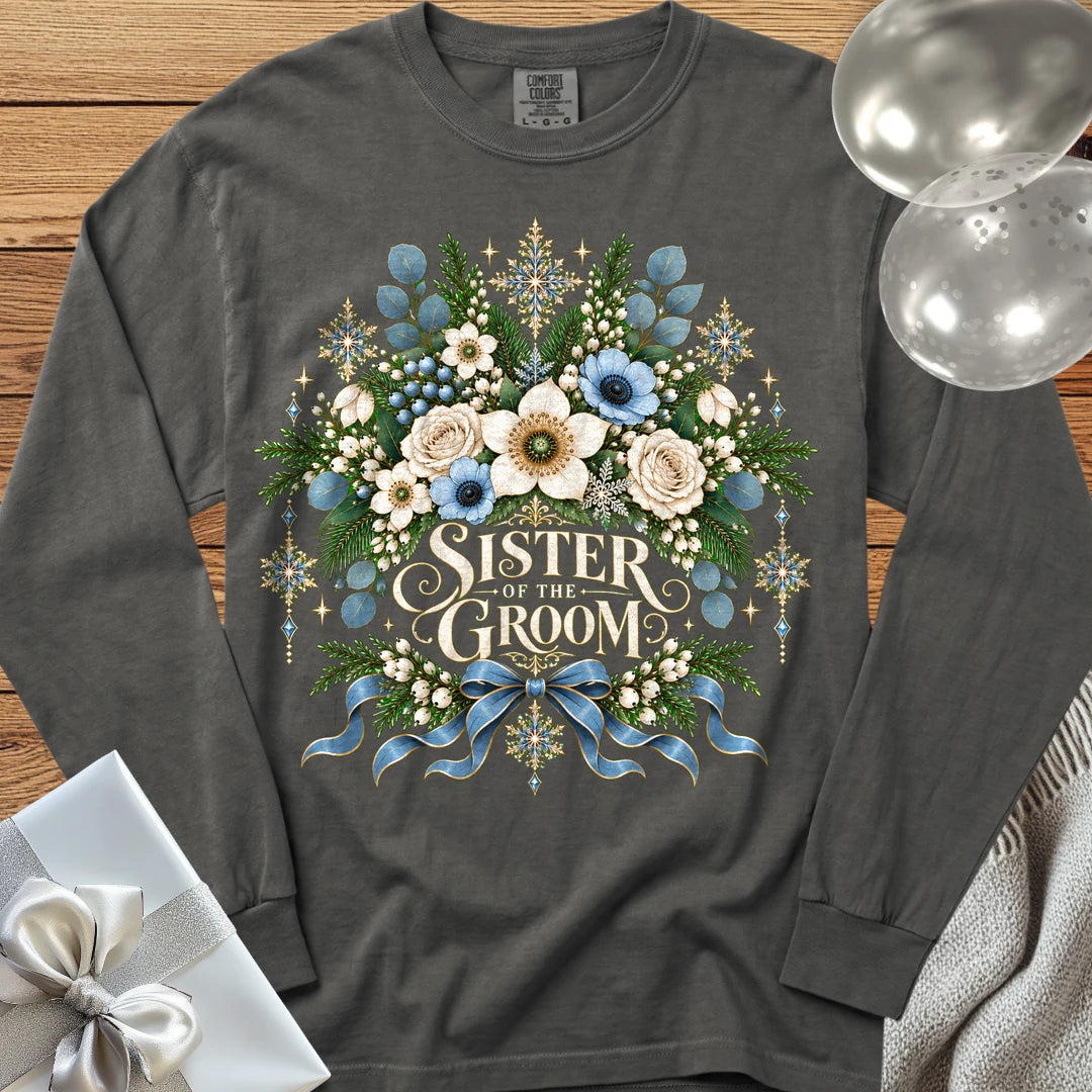 Sister of the Groom - Premium Winter Botanical Wedding Long Sleeve T-Shirt - Pepper