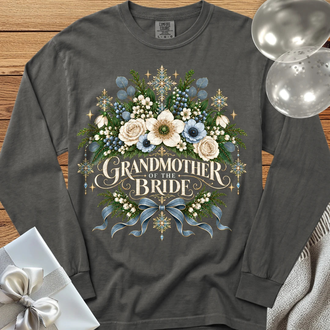 Grandmother of the Bride - Premium Winter Botanical Wedding Long Sleeve T-Shirt - Pepper