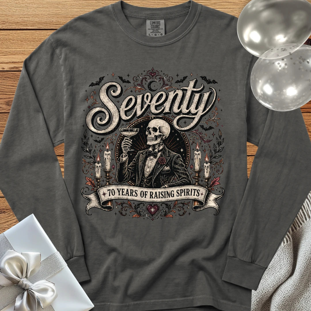 Seventy: 70 Years of Raising Spirits - Premium Halloween 70th Birthday Long Sleeve T-Shirt - Pepper