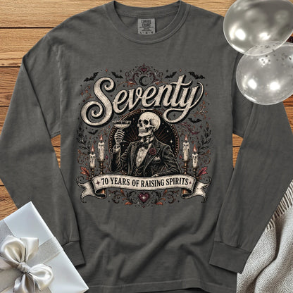 Seventy: 70 Years of Raising Spirits - Premium Halloween 70th Birthday Long Sleeve T-Shirt - Pepper