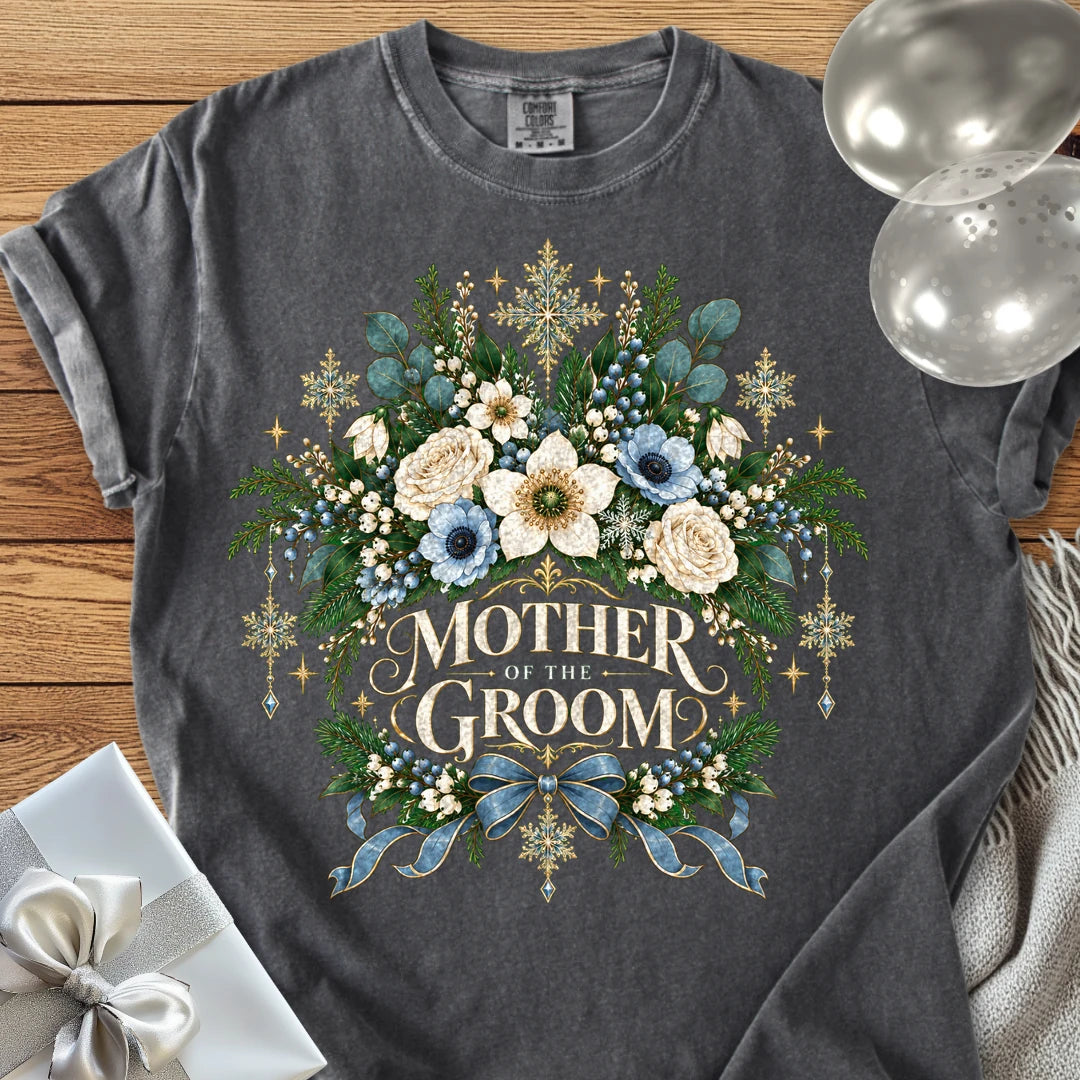 Mother of the Groom - Premium Winter Botanical Wedding T-Shirt - Pepper