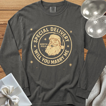 Special Delivery North Pole, Will You Marry Me? - Premium Christmas Proposal Long Sleeve T-Shirt - Pepper