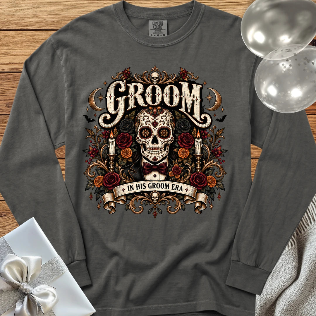 Groom, In His Groom Era - Premium Halloween Wedding Long Sleeve T-Shirt - Pepper