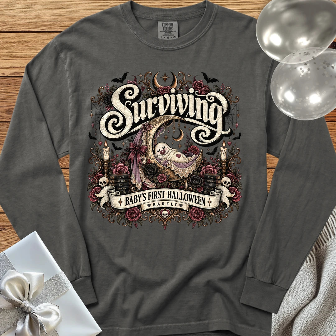 Surviving Baby's First Halloween, Barely - Premium Halloween New Parent Long Sleeve T-Shirt - Pepper