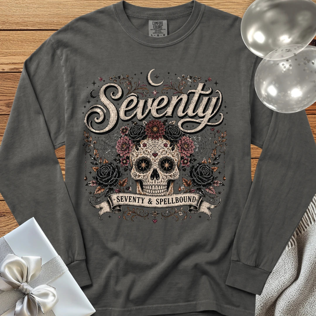 Seventy & Spellbound, Skull Edition - Premium Halloween 70th Birthday Long Sleeve T-Shirt - Pepper