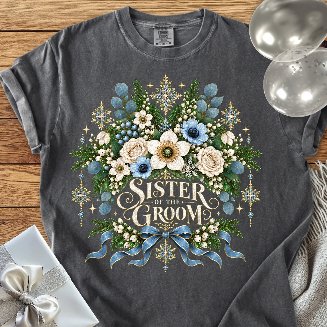 Sister of the Groom - Premium Winter Botanical Wedding T-Shirt - Pepper