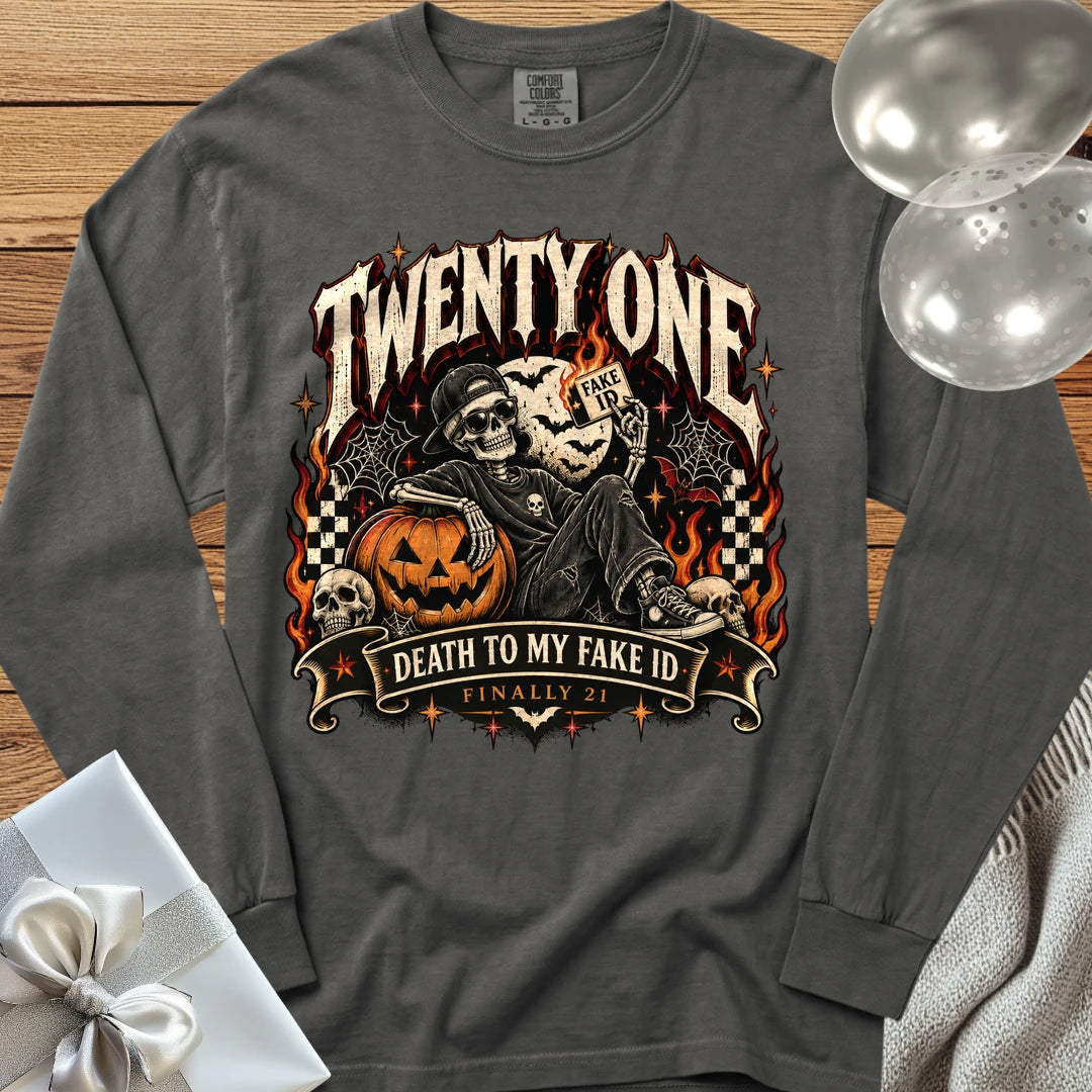 Twenty One: Death to My Fake ID - Premium Halloween 21st Birthday Long Sleeve T-Shirt - Pepper