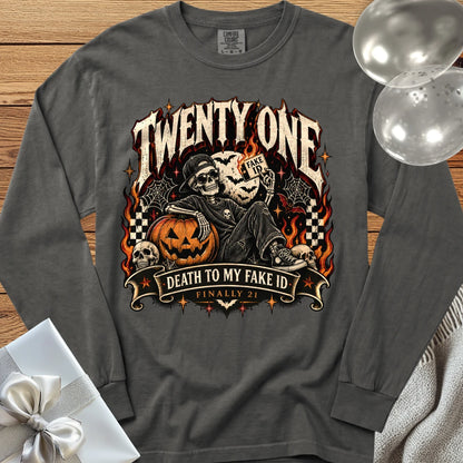 Twenty One: Death to My Fake ID - Premium Halloween 21st Birthday Long Sleeve T-Shirt - Pepper