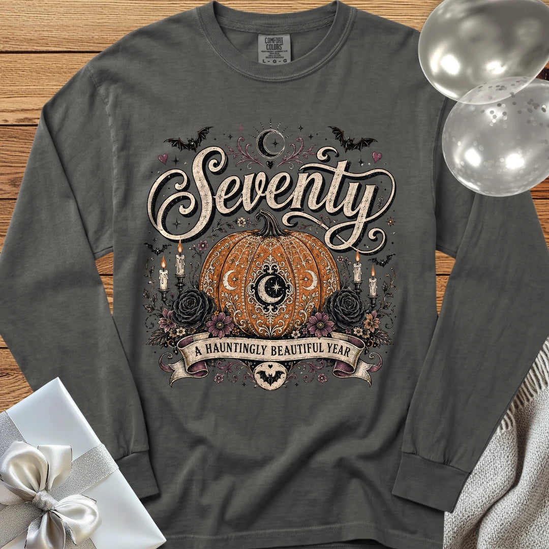 Seventy, A Hauntingly Beautiful Year - Premium Halloween 70th Birthday Long Sleeve T-Shirt - Pepper