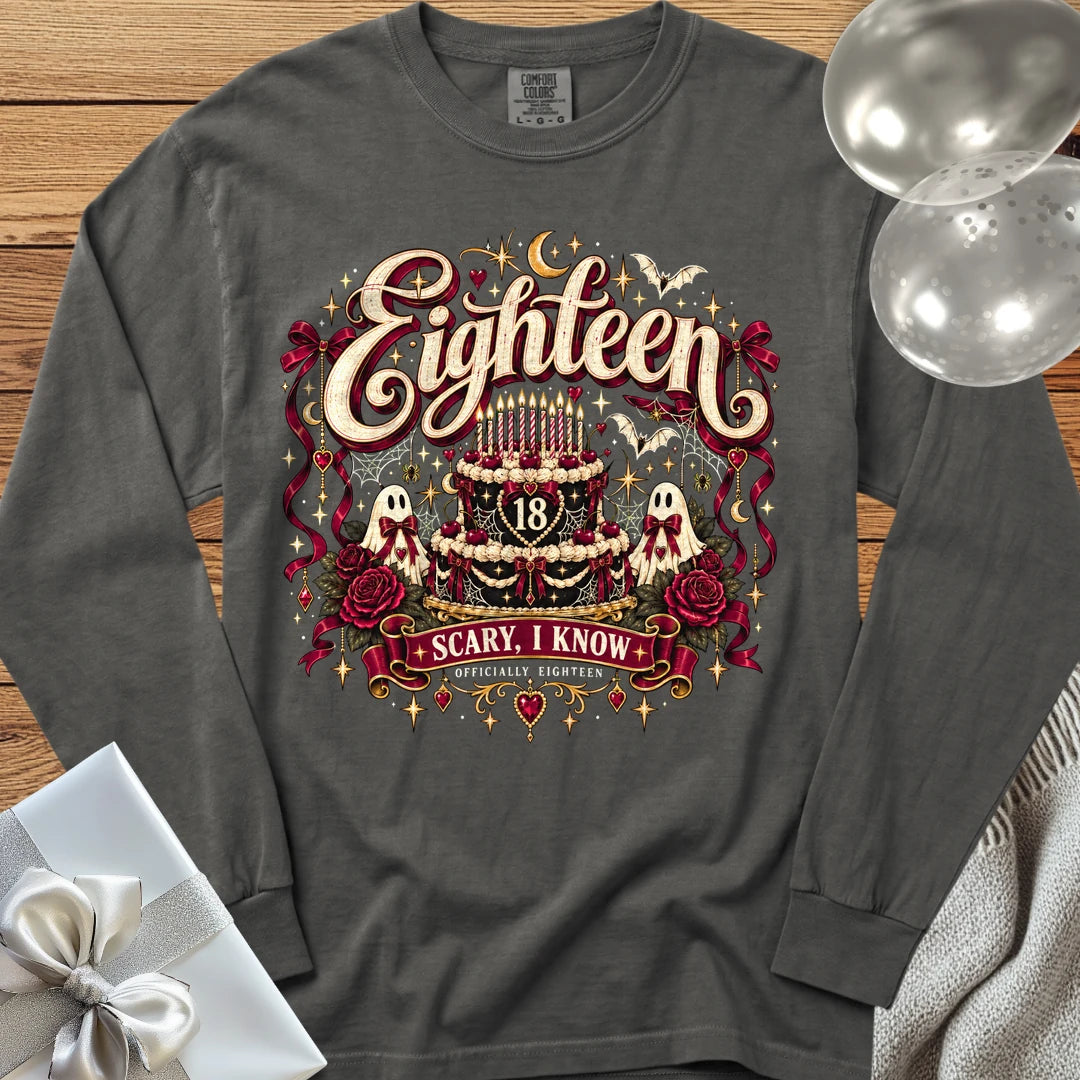 Eighteen - Scary, I Know - Premium Halloween 18th Birthday Long Sleeve T-Shirt - Pepper