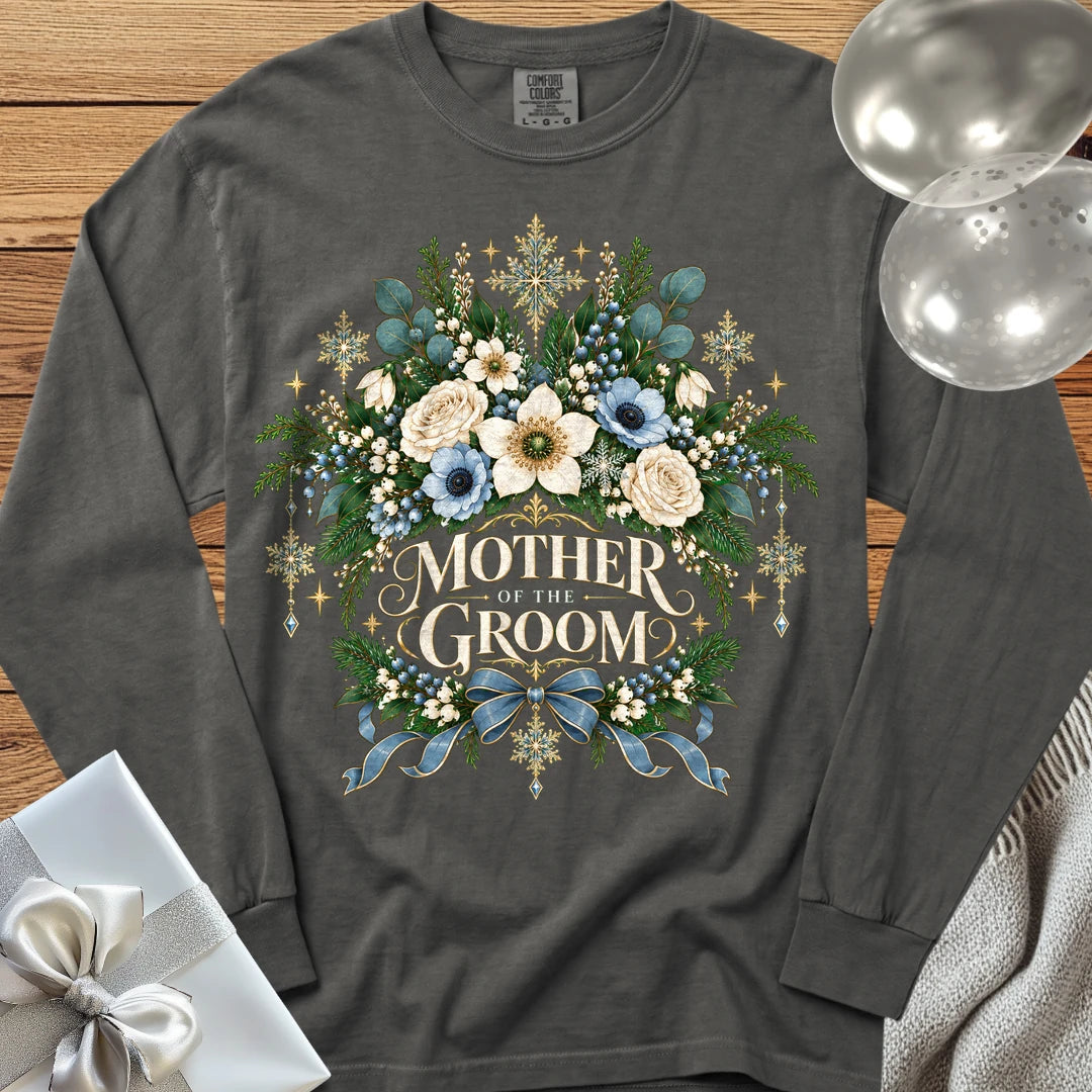 Mother of the Groom - Premium Winter Botanical Wedding Long Sleeve T-Shirt - Pepper