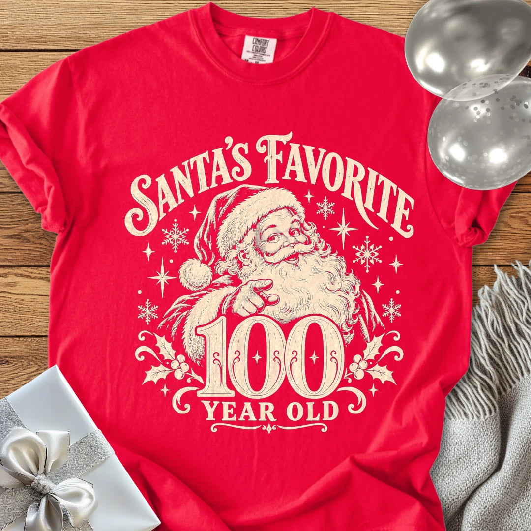 Santa’s Favorite 100-Year-Old - Premium Christmas 100th Birthday T-Shirt - Red