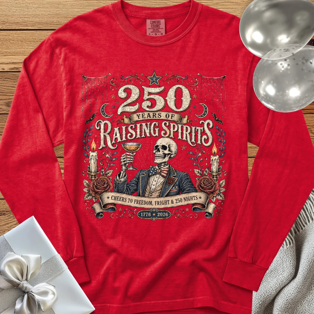 250 Years of Raising Spirits - Premium America 250 Halloween Long Sleeve T-Shirt - Red