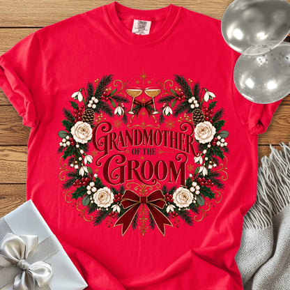 Grandmother of the Groom - Premium Winter Crest Wedding T-Shirt - Red