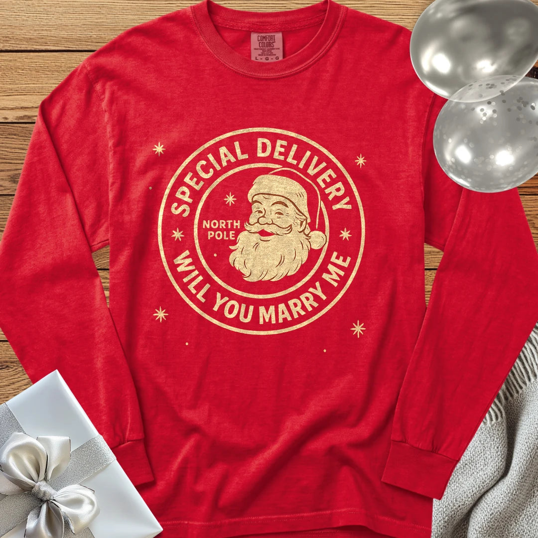 Special Delivery North Pole, Will You Marry Me? - Premium Christmas Proposal Long Sleeve T-Shirt - Red