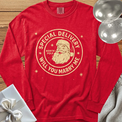 Special Delivery North Pole, Will You Marry Me? - Premium Christmas Proposal Long Sleeve T-Shirt - Red