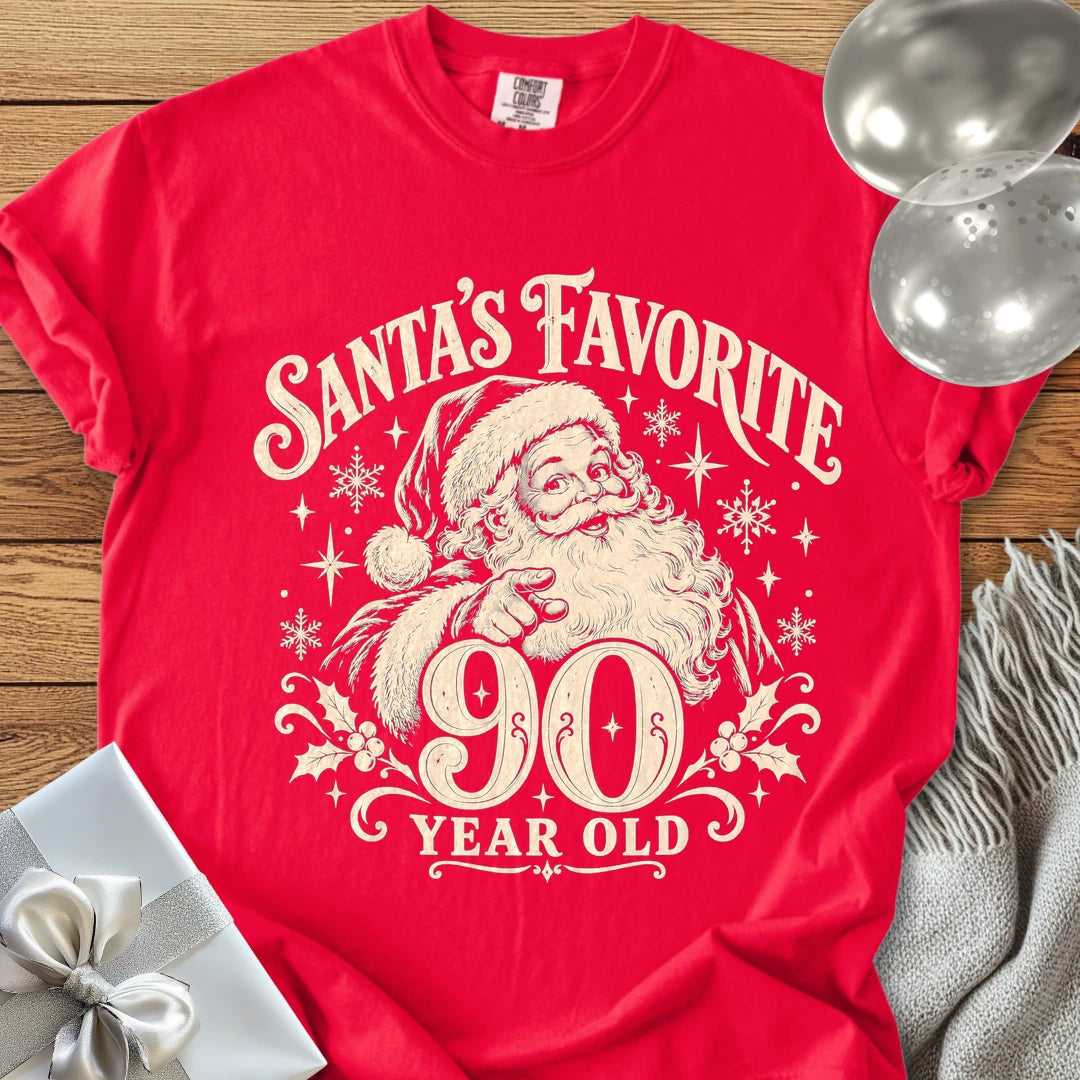 Santa’s Favorite 90-Year-Old - Premium Christmas 90th Birthday T-Shirt - Red