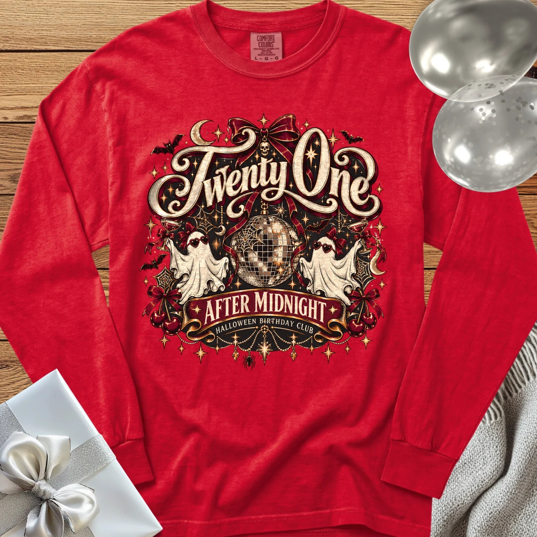 Twenty One After Midnight, Halloween Birthday Club - Premium Halloween 21st Birthday Long Sleeve T-Shirt - Red