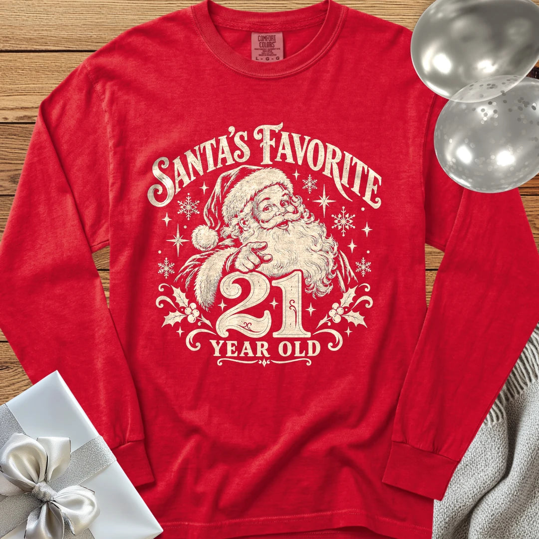 Santa’s Favorite 21-Year-Old - Premium Christmas 21st Birthday Long Sleeve T-Shirt - Red