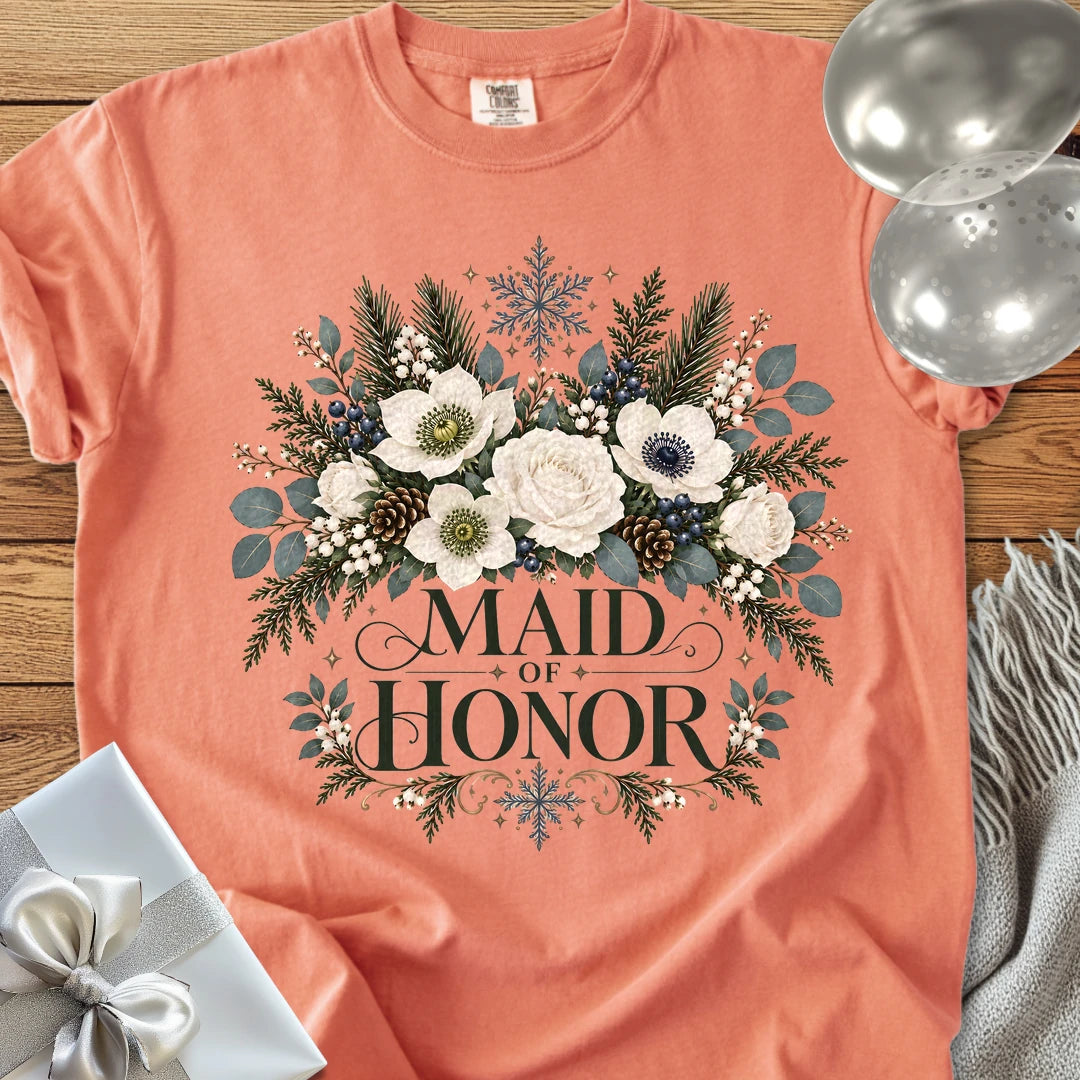 Maid of Honor - Premium Winter Bouquet Wedding T-Shirt - Terracotta