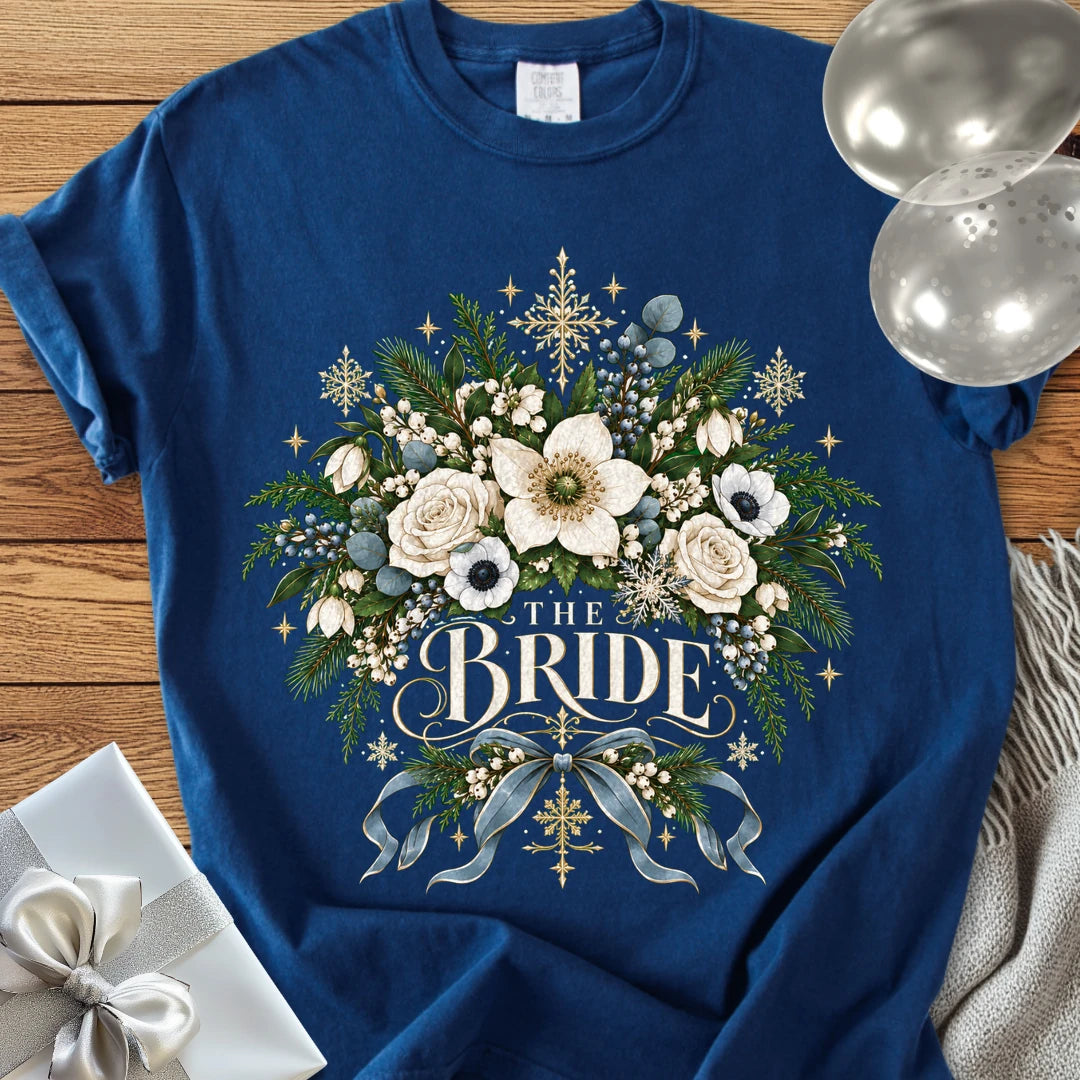 The Bride - Premium Winter Botanical Wedding T-Shirt - True Navy