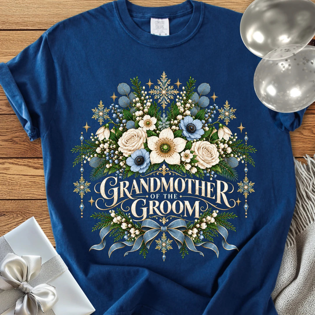 Grandmother of the Groom - Premium Winter Botanical Wedding T-Shirt - True Navy