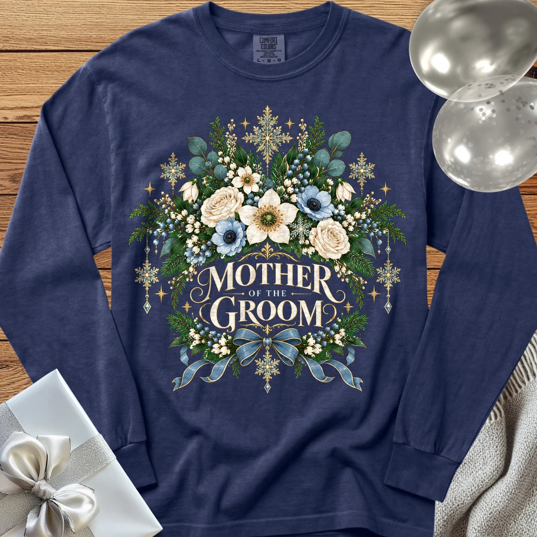 Mother of the Groom - Premium Winter Botanical Wedding Long Sleeve T-Shirt - True Navy