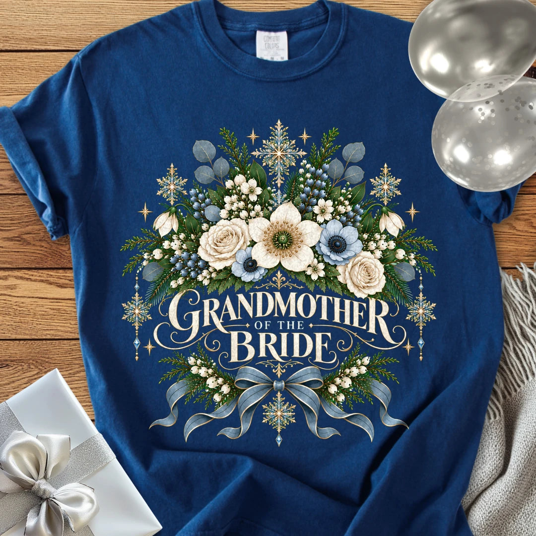 Grandmother of the Bride - Premium Winter Botanical Wedding T-Shirt - True Navy