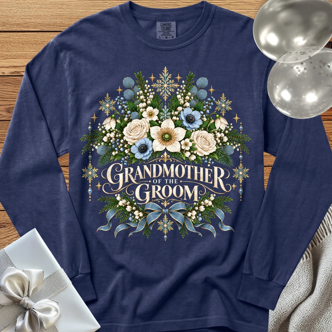 Grandmother of the Groom - Premium Winter Botanical Wedding Long Sleeve T-Shirt - True Navy