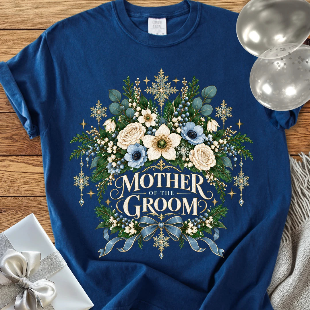 Mother of the Groom - Premium Winter Botanical Wedding T-Shirt - True Navy