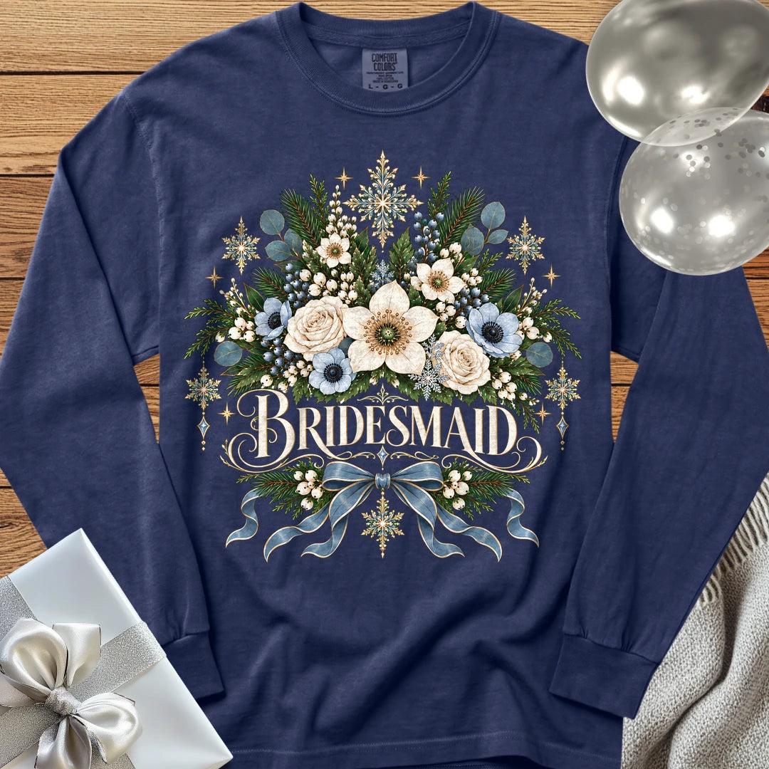 Bridesmaid - Premium Winter Botanical Wedding Long Sleeve T-Shirt - True Navy