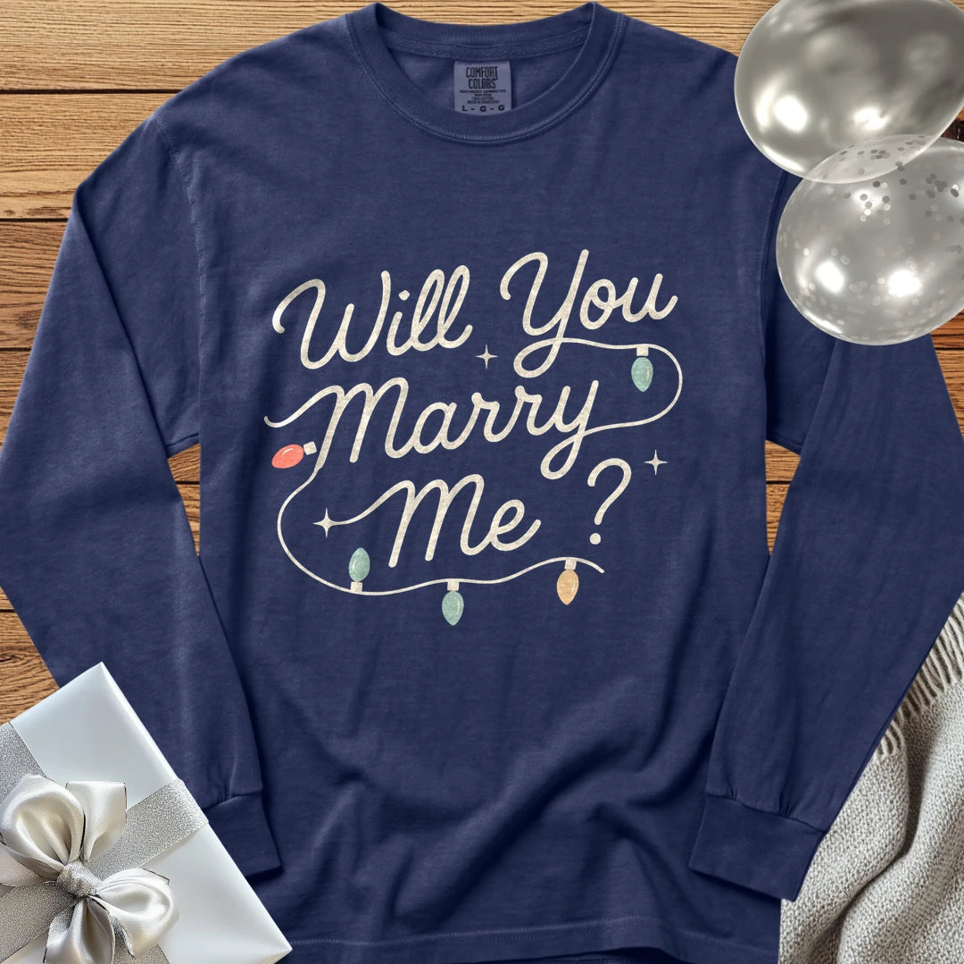 Will You Marry Me? (Christmas Lights) - Premium Christmas Proposal Long Sleeve T-Shirt - True Navy