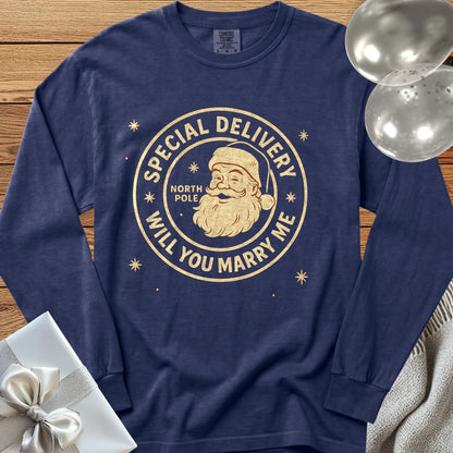 Special Delivery North Pole, Will You Marry Me? - Premium Christmas Proposal Long Sleeve T-Shirt - True Navy
