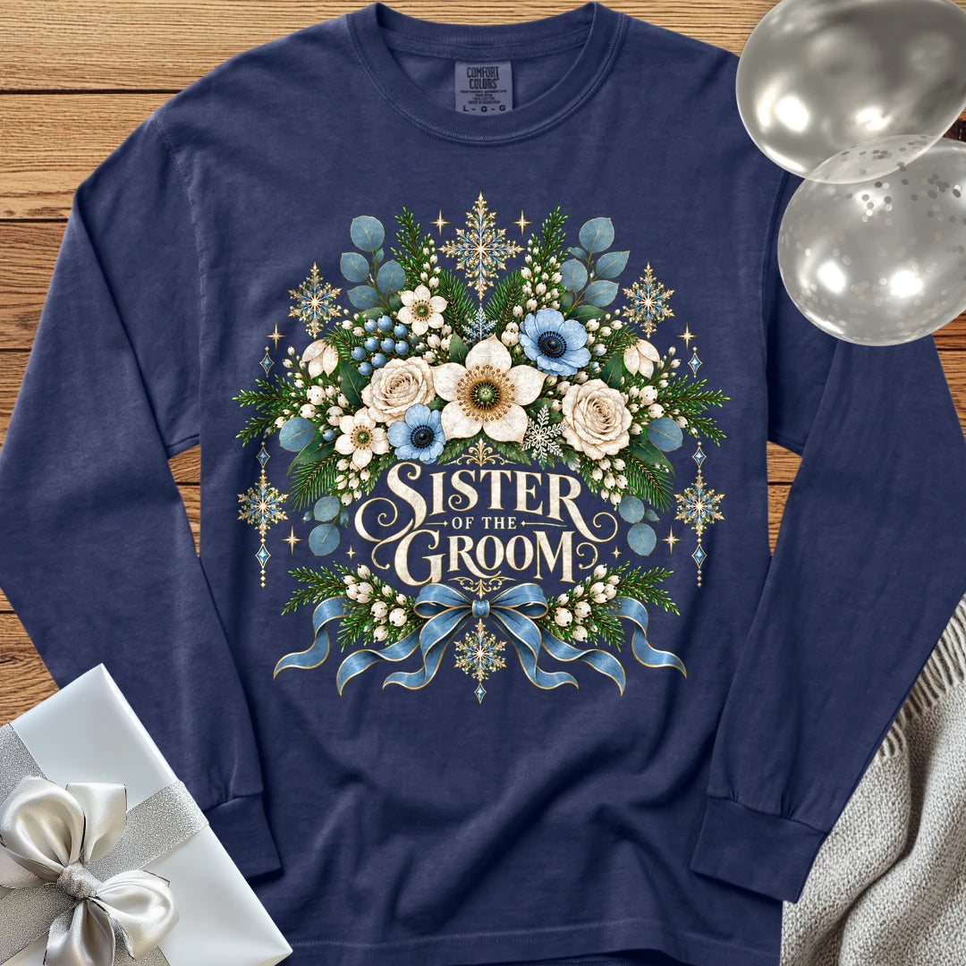 Sister of the Groom - Premium Winter Botanical Wedding Long Sleeve T-Shirt - True Navy