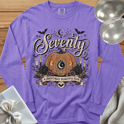 Seventy, A Hauntingly Beautiful Year - Premium Halloween 70th Birthday Long Sleeve T-Shirt - Violet