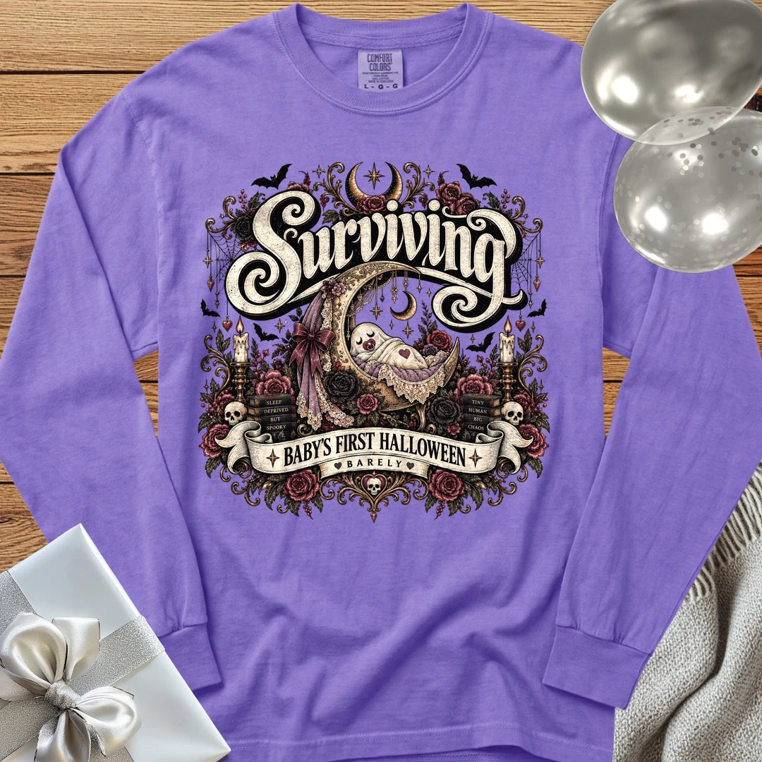 Surviving Baby's First Halloween, Barely - Premium Halloween New Parent Long Sleeve T-Shirt - Violet