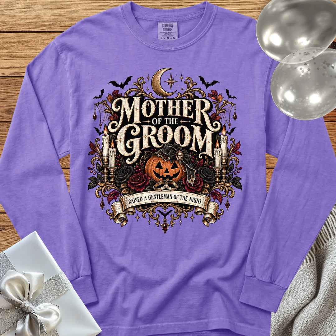 Mother of the Groom, Raised a Gentleman of the Night - Premium Halloween Wedding Long Sleeve T-Shirt - Violet