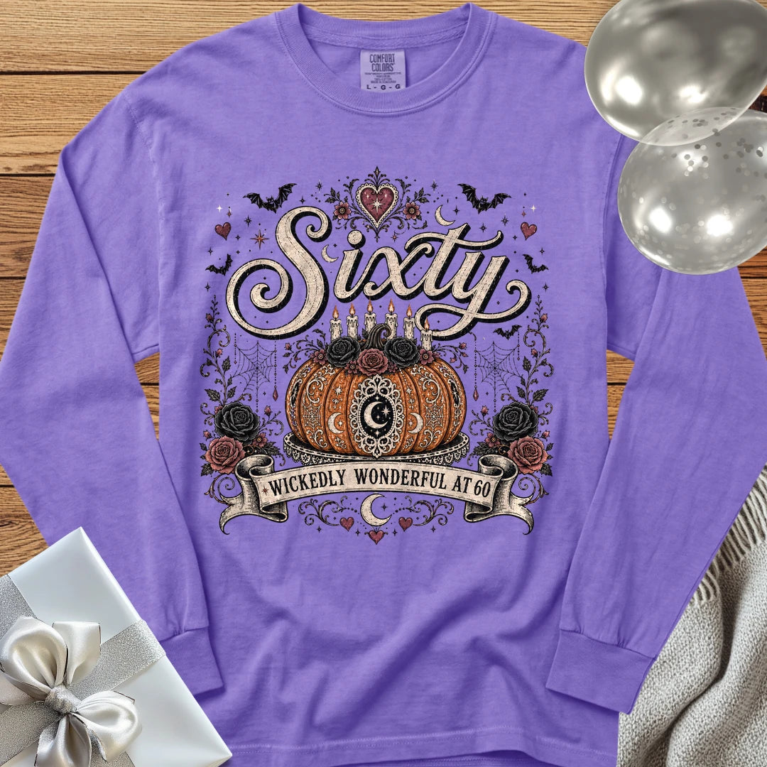 Sixty, Wickedly Wonderful at 60 - Premium Halloween 60th Birthday Long Sleeve T-Shirt - Violet