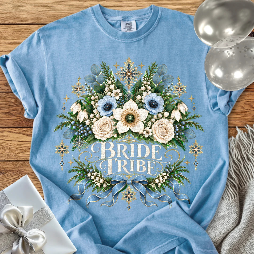 Bride Tribe - Premium Winter Botanical Wedding T-Shirt - Washed Denim