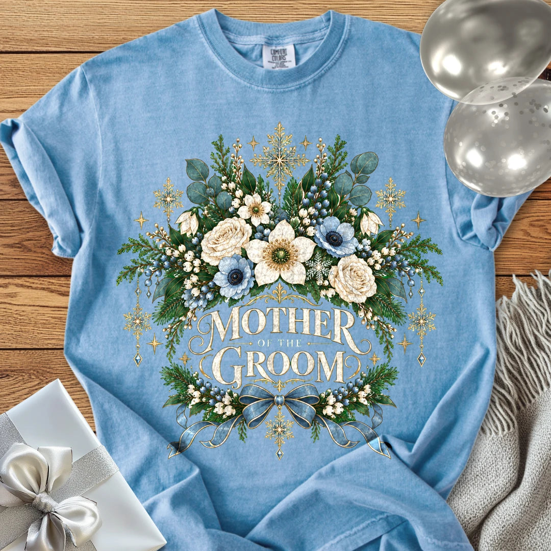 Mother of the Groom - Premium Winter Botanical Wedding T-Shirt - Washed Denim