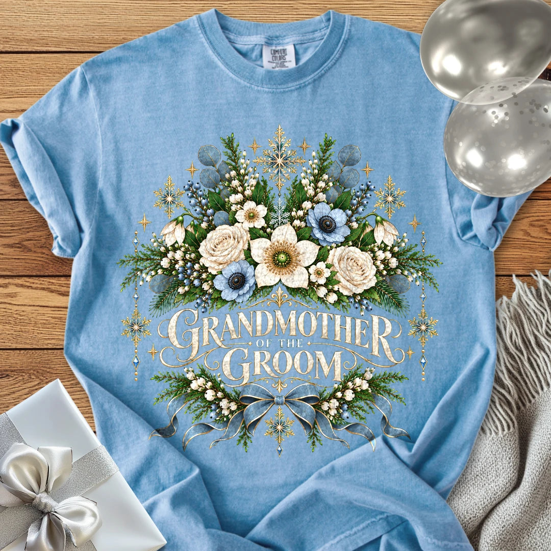 Grandmother of the Groom - Premium Winter Botanical Wedding T-Shirt - Washed Denim