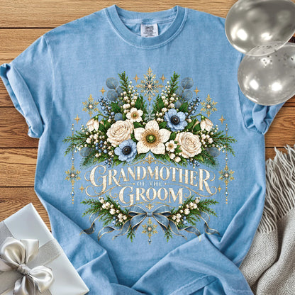 Grandmother of the Groom - Premium Winter Botanical Wedding T-Shirt - Washed Denim