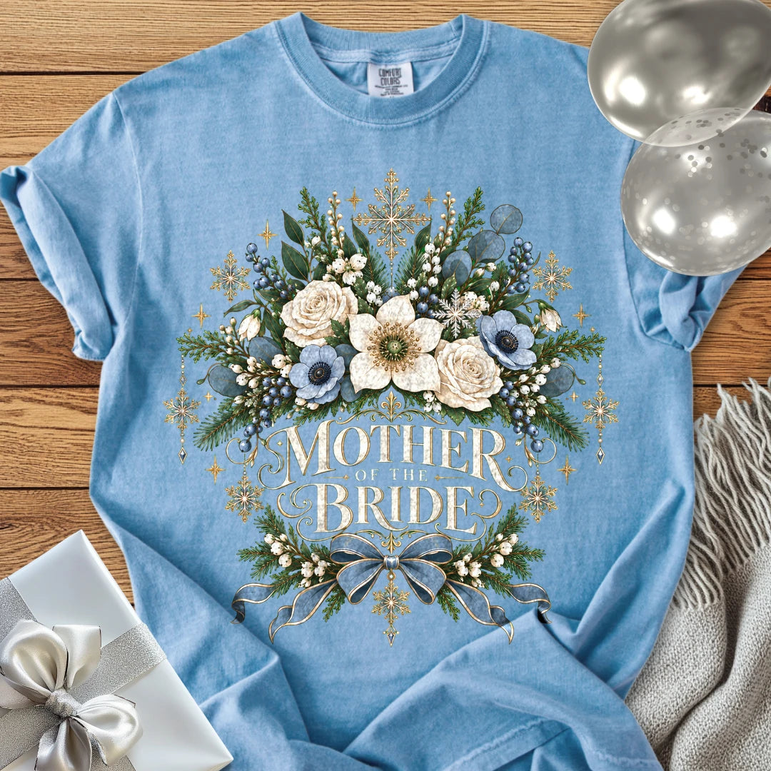 Mother of the Bride - Premium Winter Botanical Wedding T-Shirt - Washed Denim