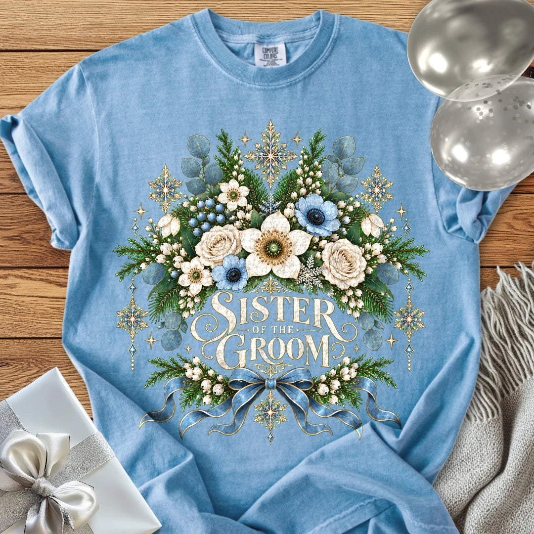 Sister of the Groom - Premium Winter Botanical Wedding T-Shirt - Washed Denim