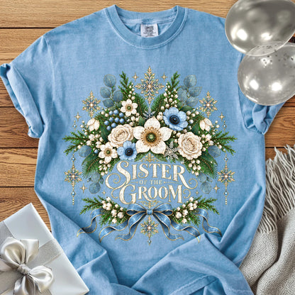 Sister of the Groom - Premium Winter Botanical Wedding T-Shirt - Washed Denim