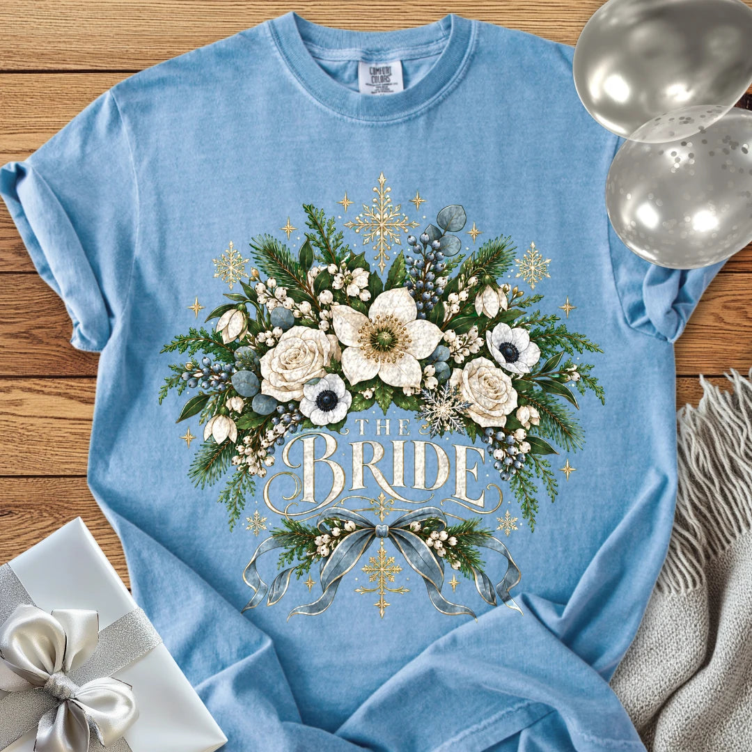 The Bride - Premium Winter Botanical Wedding T-Shirt - Washed Denim