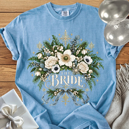 The Bride - Premium Winter Botanical Wedding T-Shirt - Washed Denim